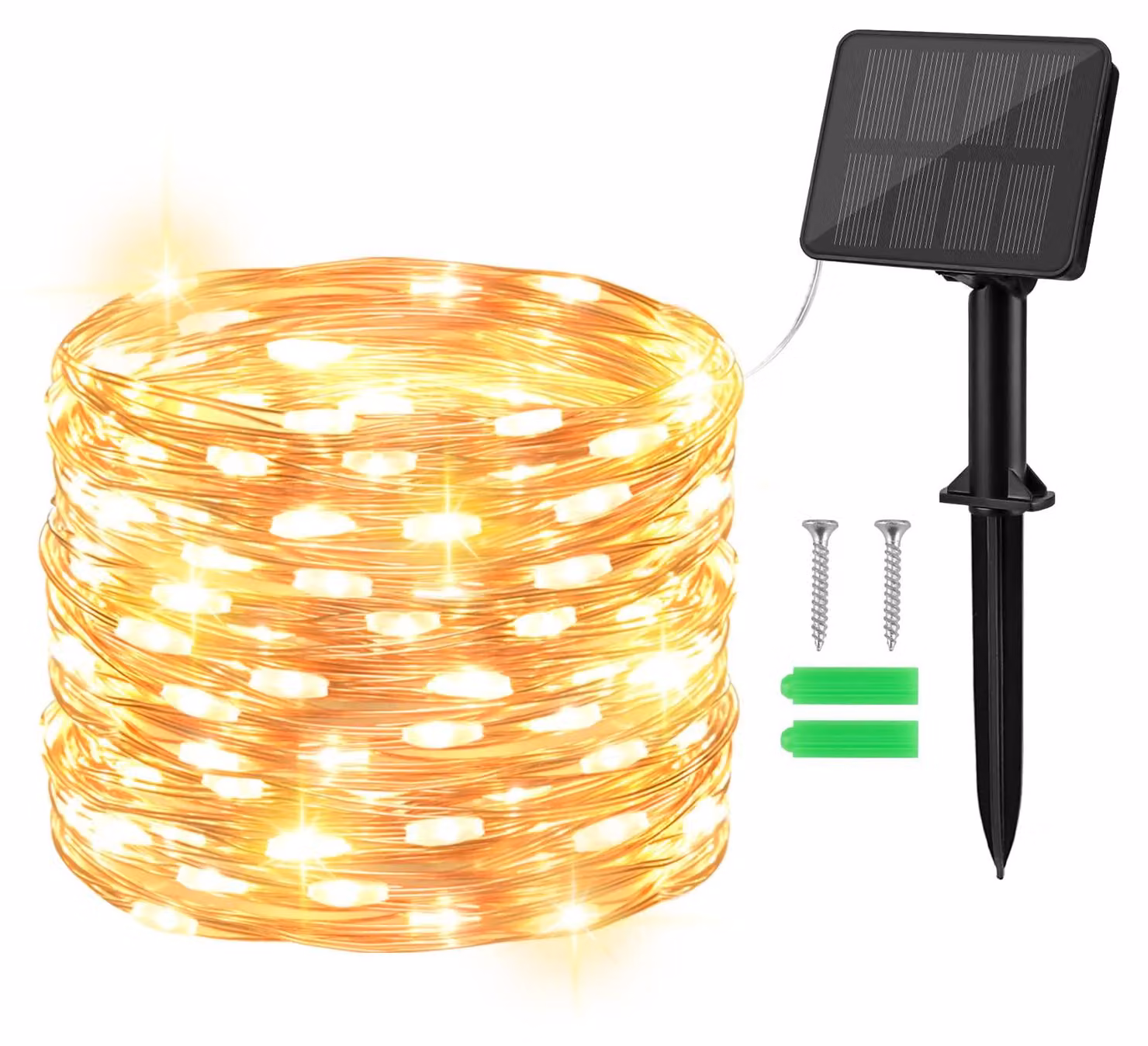 Catena luminosa solare, 10 metri, 100 LED, filo di rame, 8 modalità, grado di protezione IP65, luce bianco caldo
