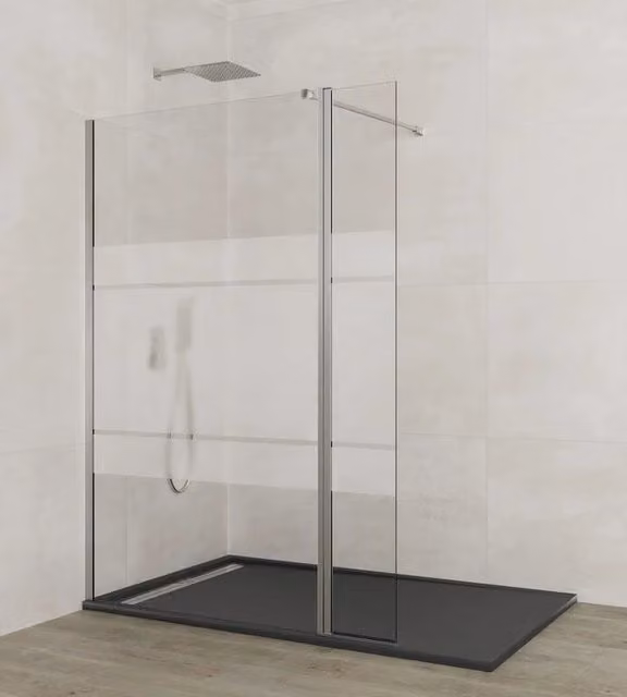 Parete walk-in SCREEN fissa + battente 120 cm (116,5-118,0), anta 25 cm, vetro Frost Plus, cromo lucido