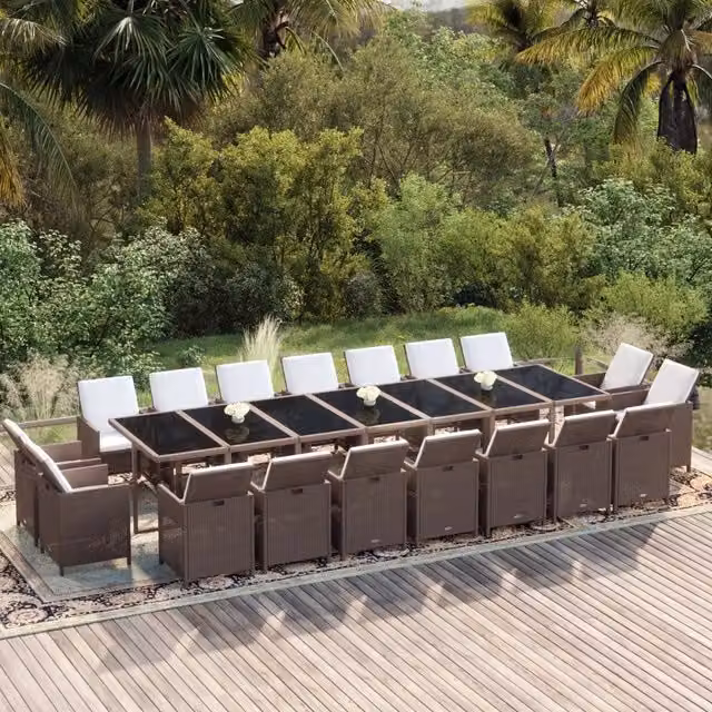 Set da pranzo da giardino moderno vidaXL in polyrattan con cuscini e piano in vetro, 19 pezzi, marrone – 1