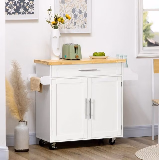 Carrello da cucina bianco con piano di lavoro, ripiano regolabile, porta spezie e portasalviette 109x40x89 cm