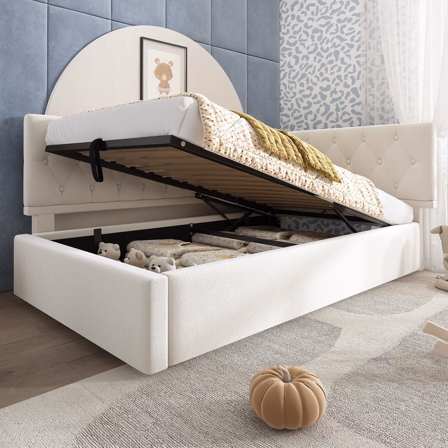 MODFU Letto imbottito 90x190 con contenitore idraulico, divano letto con cerniera in metallo, struttura letto in legno con rete a doghe, senza materasso, rosa