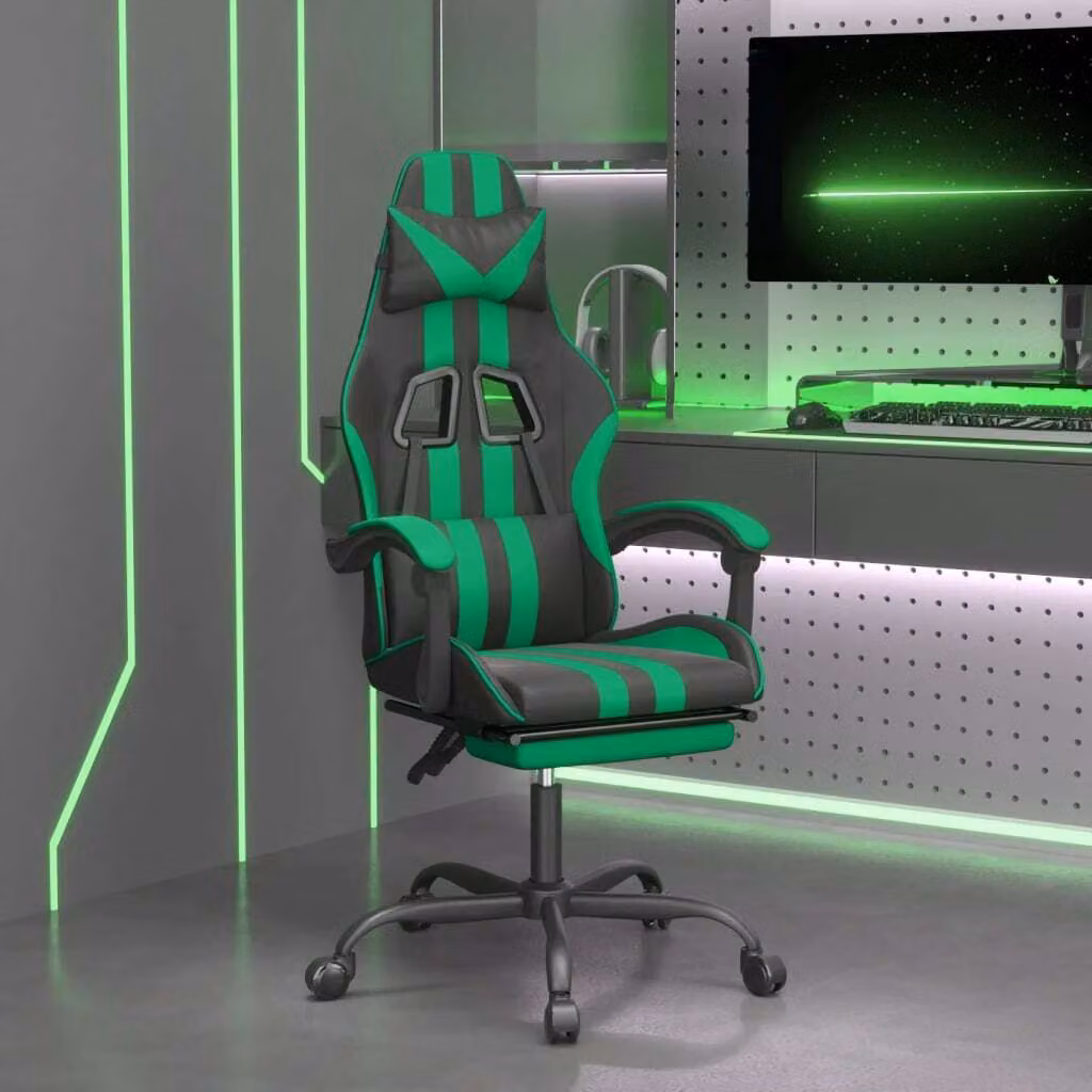 The Living Store Sedia da gioco con poggiapiedi girevole in ecopelle nera e verde