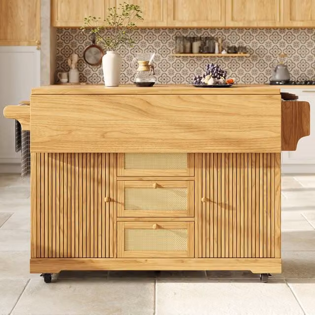 Carrello da cucina con piani laterali pieghevoli, cassetti in rattan PE e ripiani regolabili per cucina e balcone