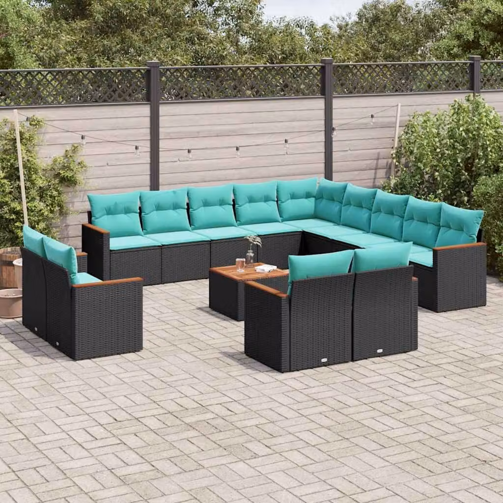 Set di divani da giardino vidaXL 14 pezzi in polyrattan nero con cuscini e struttura in legno di acacia oliato