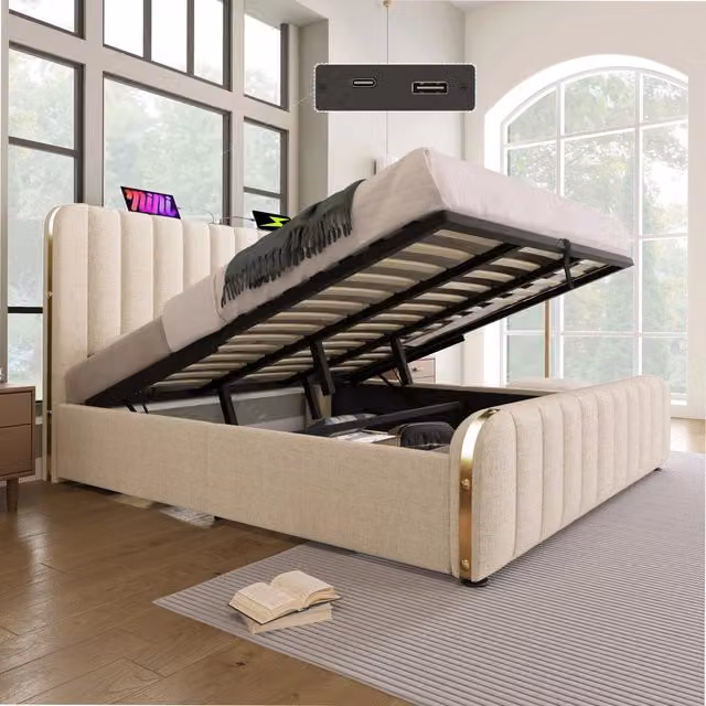 Letto contenitore 180 × 200 cm idraulico con ricarica USB e USB-C testiera imbottita in lino beige