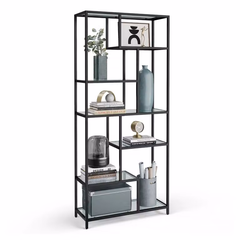 Libreria Scaffale Verticale Porta Piante in Vetro Temperato Studio Soggiorno, Nero Classico