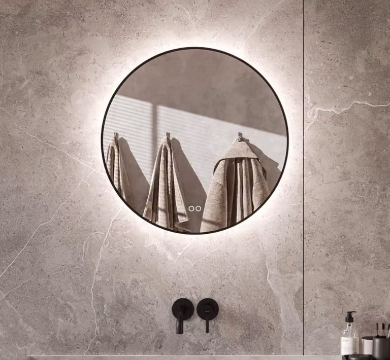 Specchio da bagno LED rotondo, diametro 60 cm, con funzione di regolazione dell'intensità luminosa, riscaldato e di colore nero
