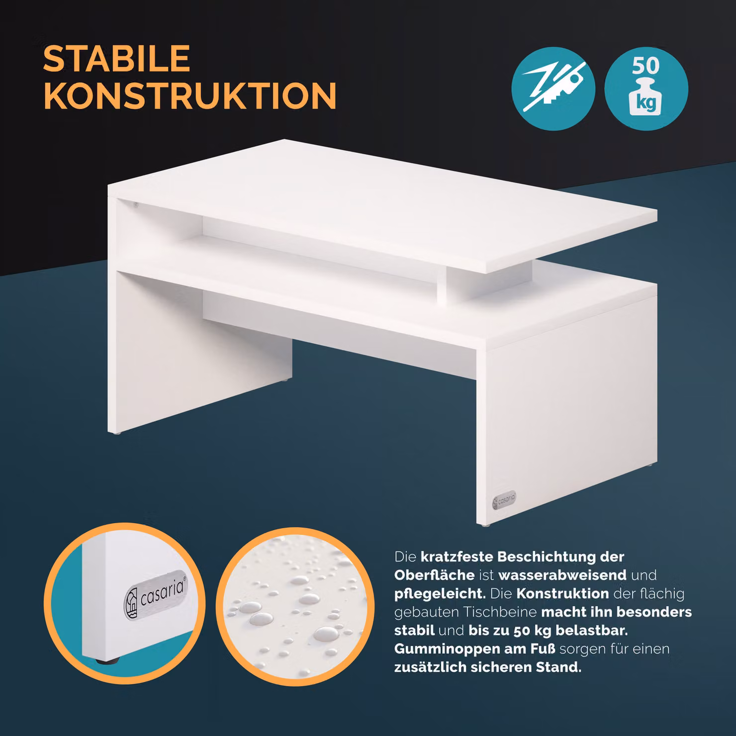 Tavolino Casaria bianco con meccanismo sollevabile e piano rettangolare L: 95 cm, P: 55 cm, H: 50 cm – 3