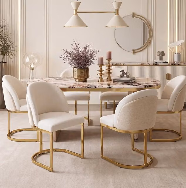 Set di 6 sedie da pranzo 59x52x85 cm in ciniglia beige e metallo dorato