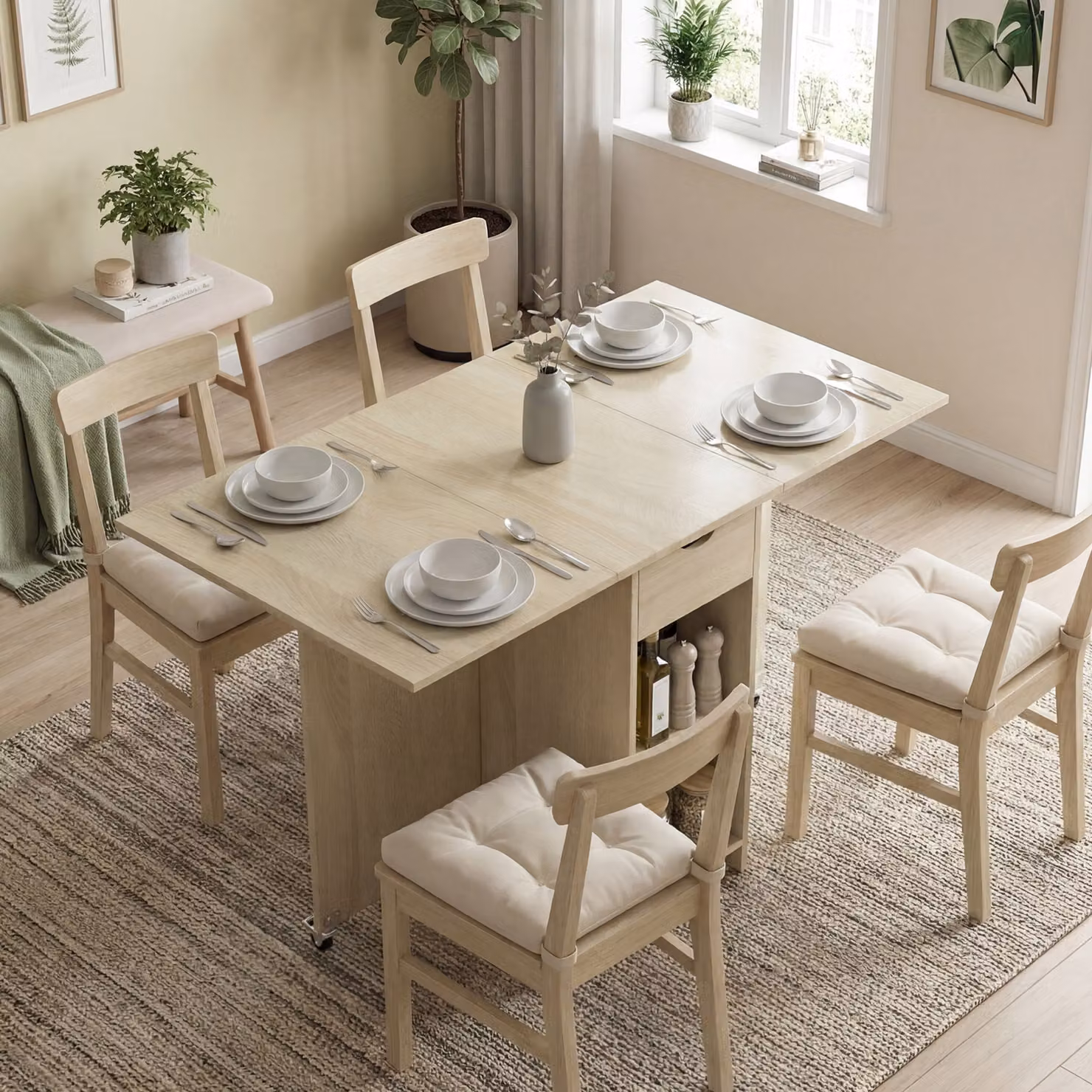 Tavolo pieghevole HOMCOM in legno naturale con ruote e cassetto per 2-4 persone, colore marrone e beige – 2