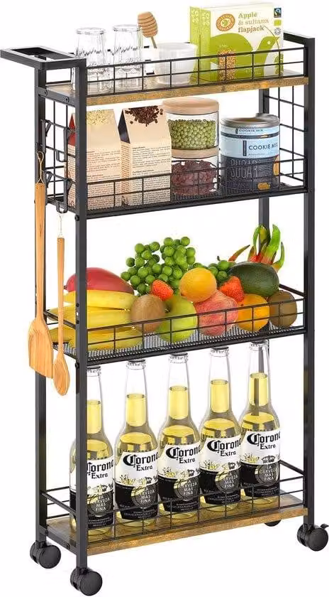 Carrello da cucina multifunzionale a 4 ripiani con set di ruote per lo stoccaggio compatto, scaffale su ruote per bagno e cucina, mobile salvaspazio per ambienti ridotti, cassettiera per la biancheria, scaffale per bagno e cucina nei colori nero e marrone