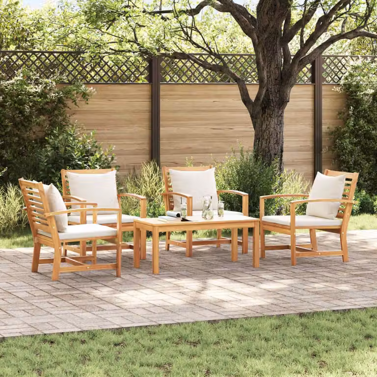 Set Divano da Giardino vidaXL in Legno di Teak Solido con Cuscini Beige e Marroni, 5 Pezzi