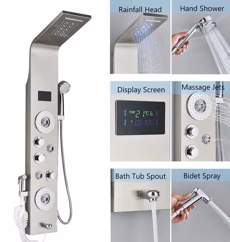 Pannello doccia, con illuminazione a LED, comandi multipli, finitura nickel, modello 8006