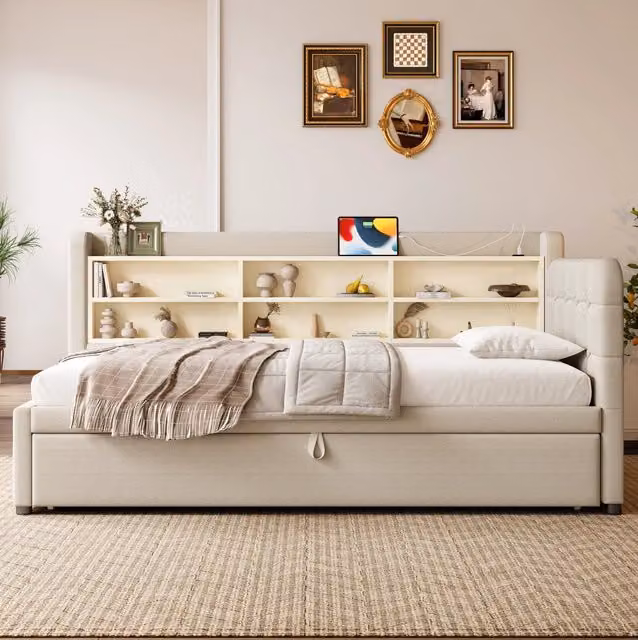 Divano letto estraibile 90x200 cm in lino beige con USB e Type-C