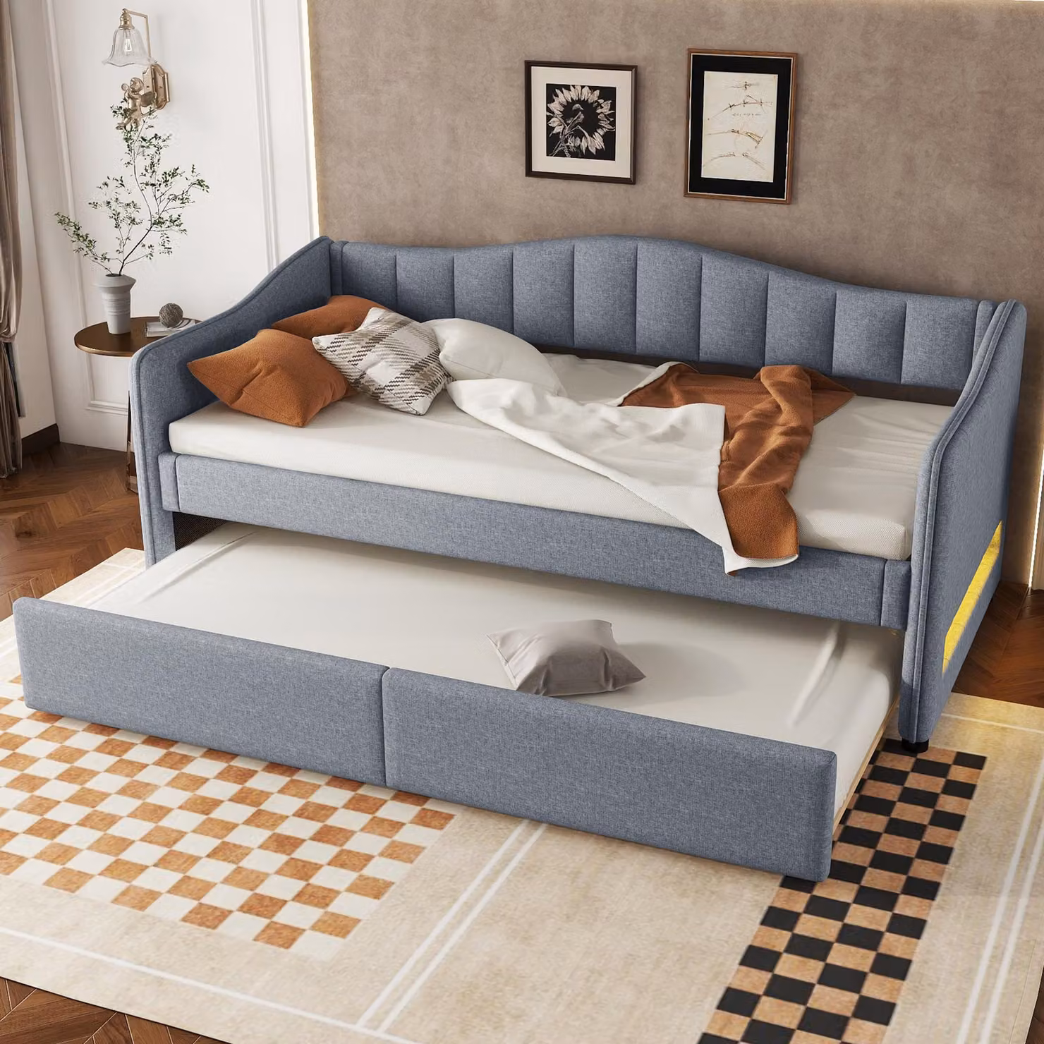 STILVORA Divano letto 90x200 cm con letto estraibile e divano letto, letto singolo con illuminazione d'atmosfera, divano letto in lino dallo stile minimalista, grigio, senza materasso
