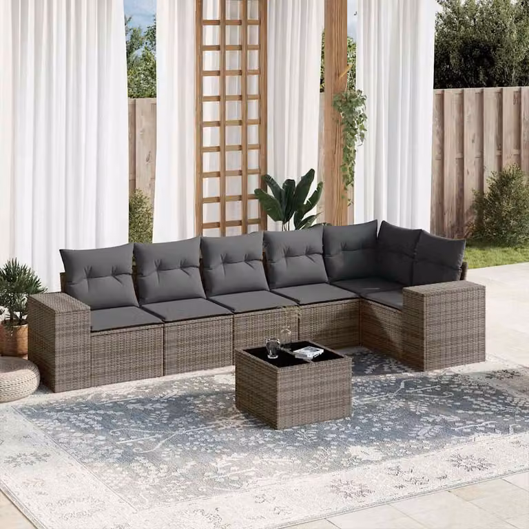 vidaXL Set Divani da Giardino a L 7 pz in Polyrattan Grigio con Cuscini e Tavolino da Esterno