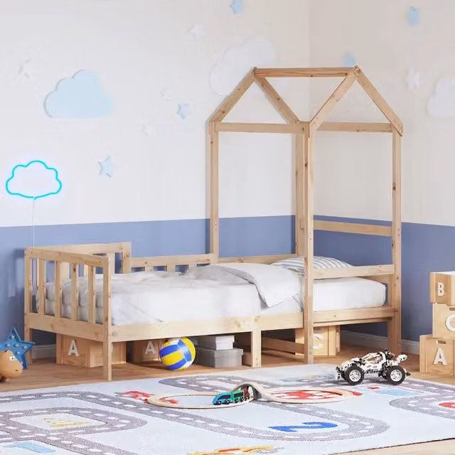 Dormeuse con tetto per bambini vidaXL in legno massello di pino marrone L/P/H: 203.5 x 80 x 200 cm