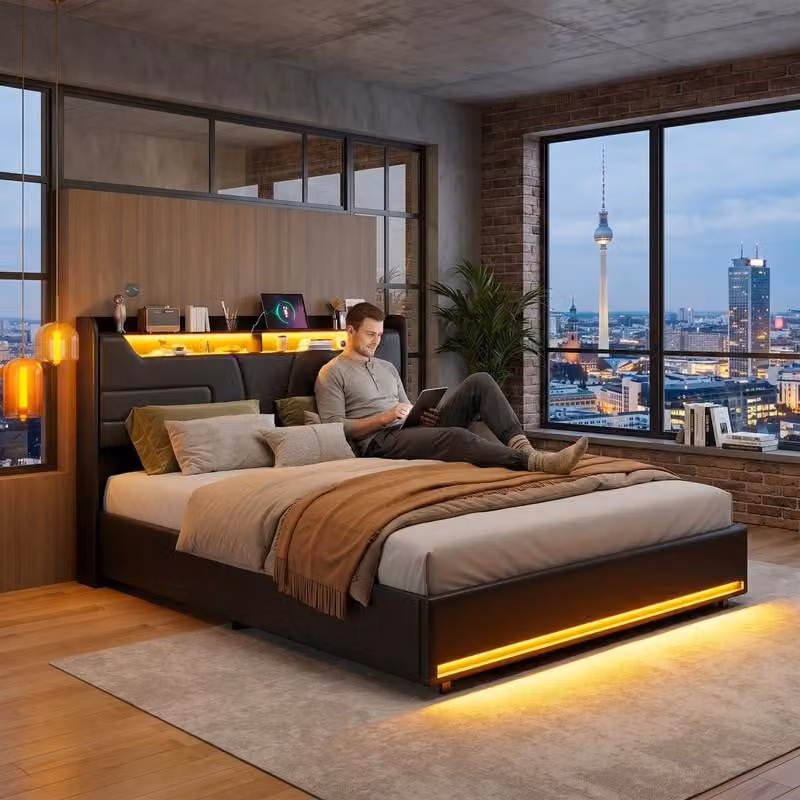 Letto matrimoniale ProximaX 140x190 cm,Poliuretanonero, vano contenitore idraulico, testiera con vano contenitore, illuminazione a LED RGB, stazione di ricarica UE