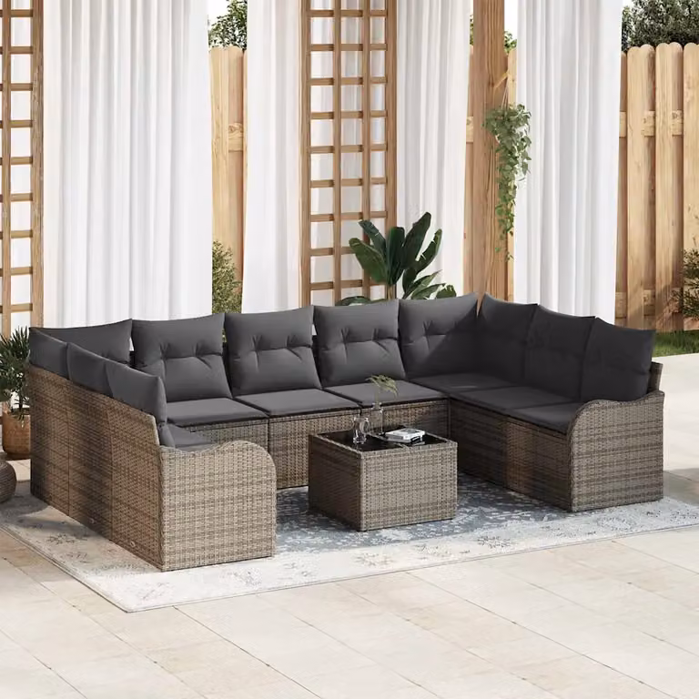 Set Divano da Giardino vidaXL 10 Pezzi in Polyrattan Grigio con Cuscini e Tavolino