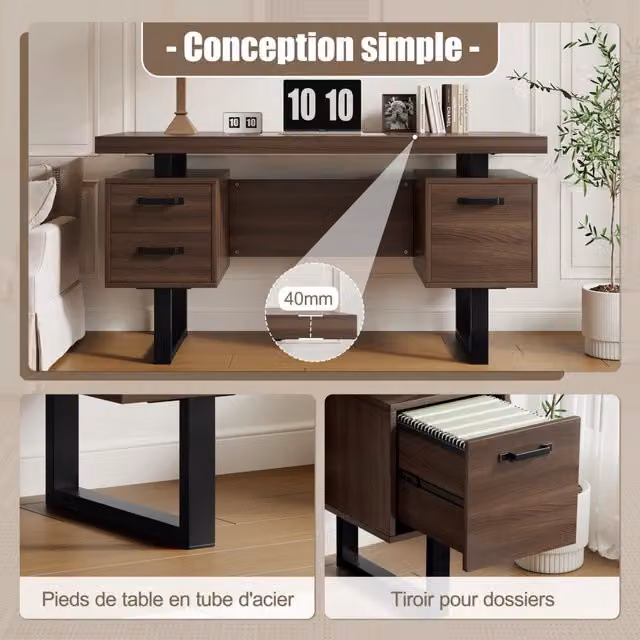 Scrivania per ufficio con cassetti ¨C Minimal ¨C Marrone, MDF e metallo, 135x54 cm