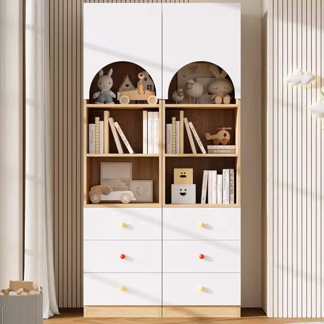 Libreria con anta ad arco, 3 cassetti e 3 ripiani, maniglie in ceramica, per camera da letto, 100×50×200 cm