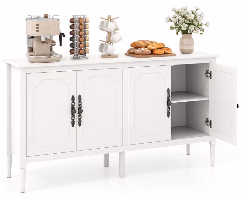 Mobiletto laterale COSTWAY, credenza con 4 ante, armadietto da cucina con piano di lavoro e ripiani interni, mobile buffet con gambe per la cucina, dimensioni 148 x 39,5 x 80,5 cm