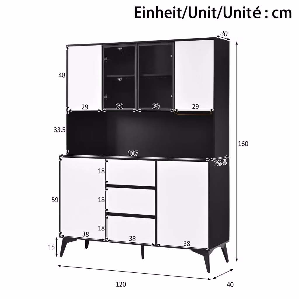 Armadio alto vetrina REDOM con ante in vetro e illuminazione integrata, nero e bianco, L 120 cm, P 40 cm, H 160 cm – 2