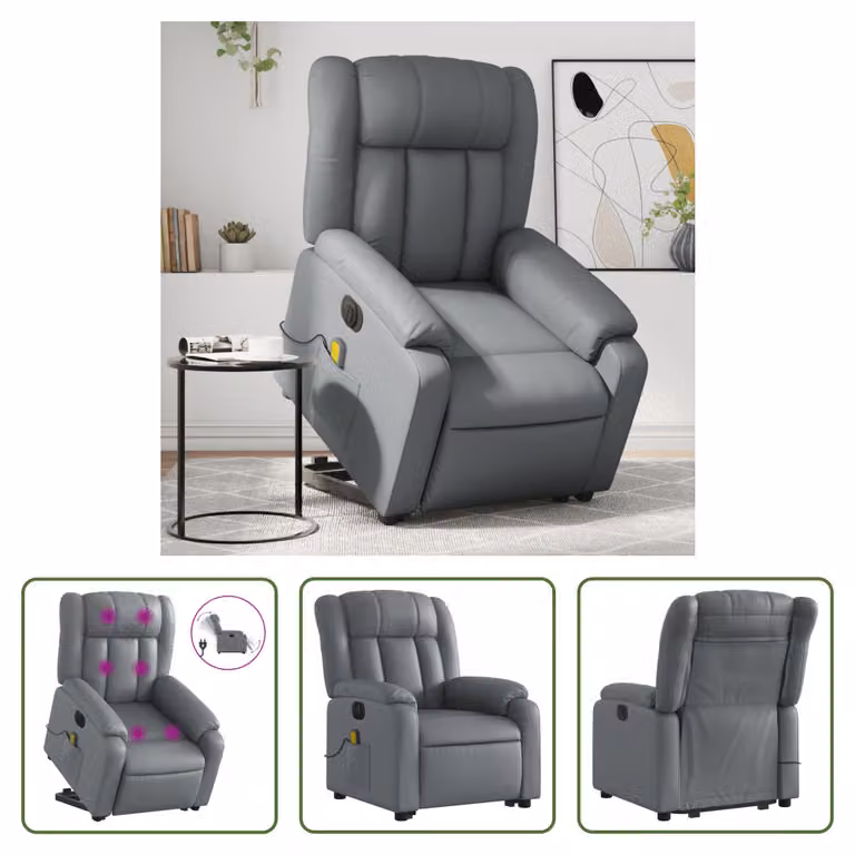 The Living Store Sedia massaggiante con supporto in piedi elettrica in ecopelle grigia