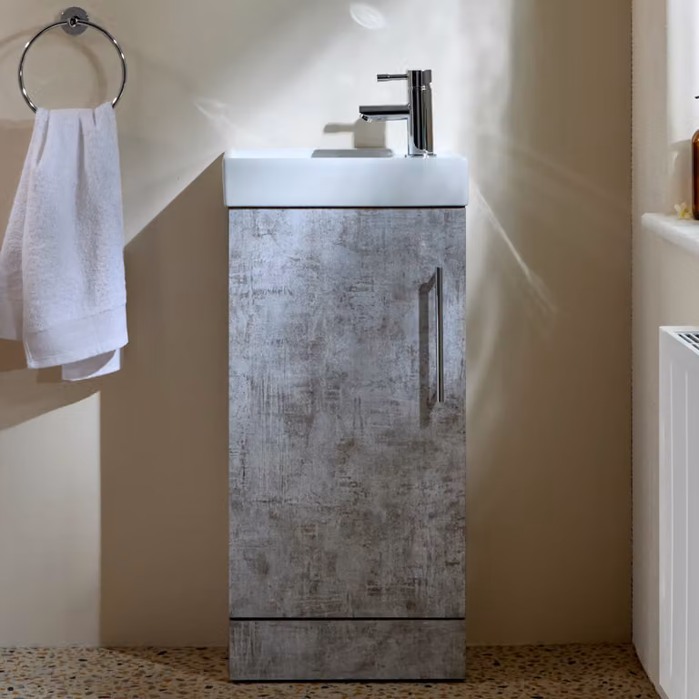 Mobile Bagno a Terra Grigio Cemento da 400mm con Lavabo e Maniglia con Barra a T Cromata - Cluo
