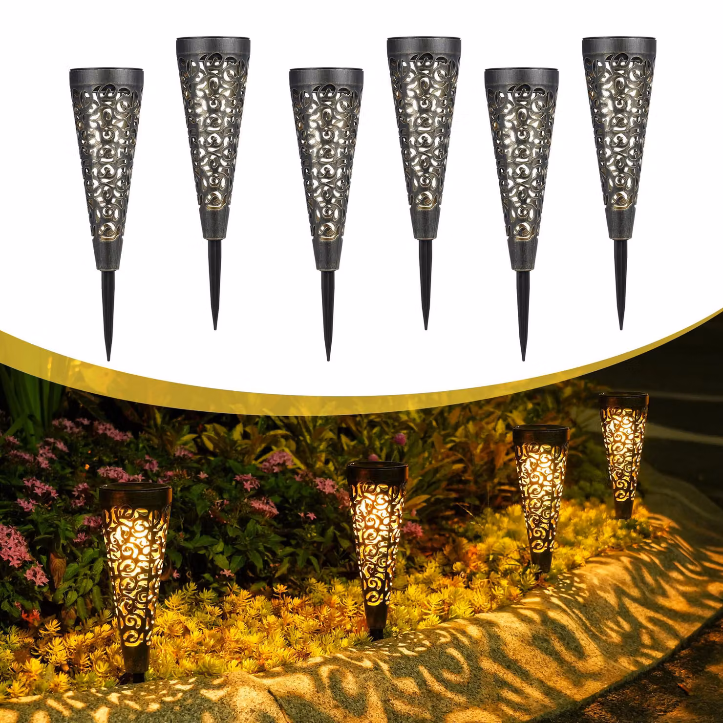 Lampade da giardino solari, set da 6 pezzi, grado di protezione IP65, 15 lumen, luce bianco caldo, stile vintage