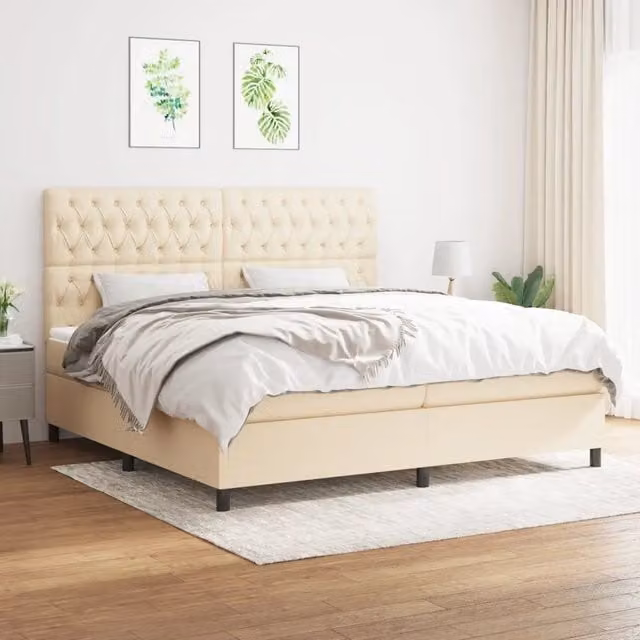 Letto Ibrido vidaXL con Giroletto a Molle e Materasso in Tessuto Beige e Bianco L/P/H: 200 x 200 x 25 cm