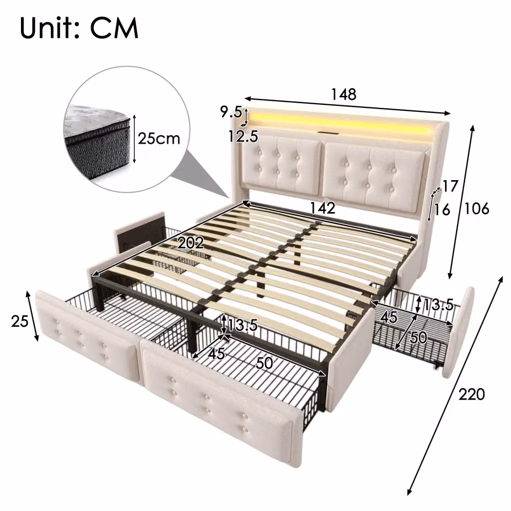 Letto matrimoniale imbottito CIPACHO beige con cassetti, illuminazione sottostante e porta USB, L/P/H: 140 x 200 x 106 cm – 2