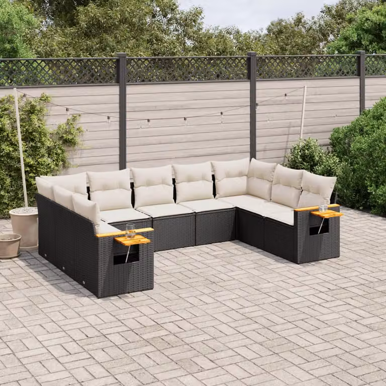 vidaXL Set Divani da Giardino 9 pz in Polyrattan Nero con Cuscini e Tavolino da Caffè