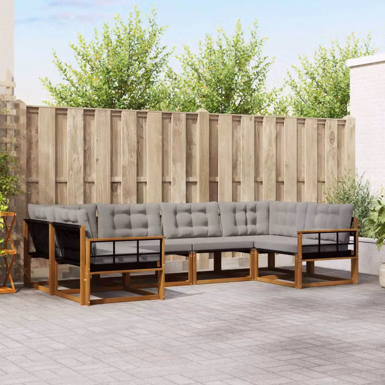 vidaXL Set di divani da esterno a L in legno di acacia con cuscini, 6 pezzi, Beige e Grigio