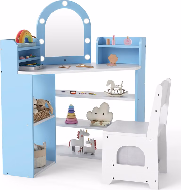 Tavolo da trucco angolare per bambini COSTWAY, tavolo da toeletta con 3 specchi LED colorati, 3 vani portaoggetti e 5 vani a giorno, set da trucco angolare per bambini a partire dai 3 anni di età