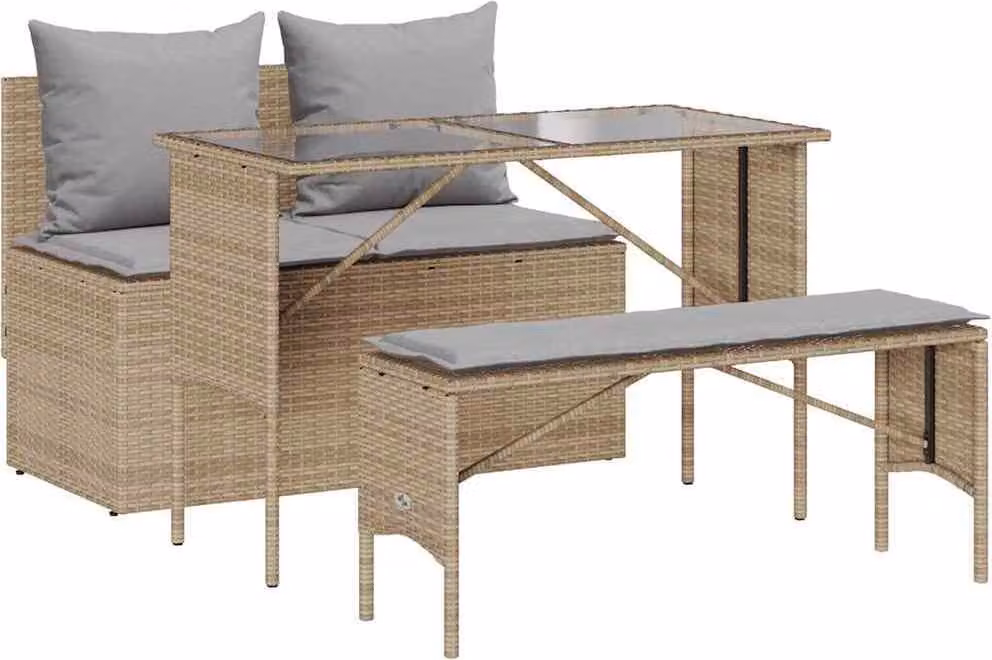 Set da Pranzo da Giardino 3 pz con Cuscini Beige in Polyrattan