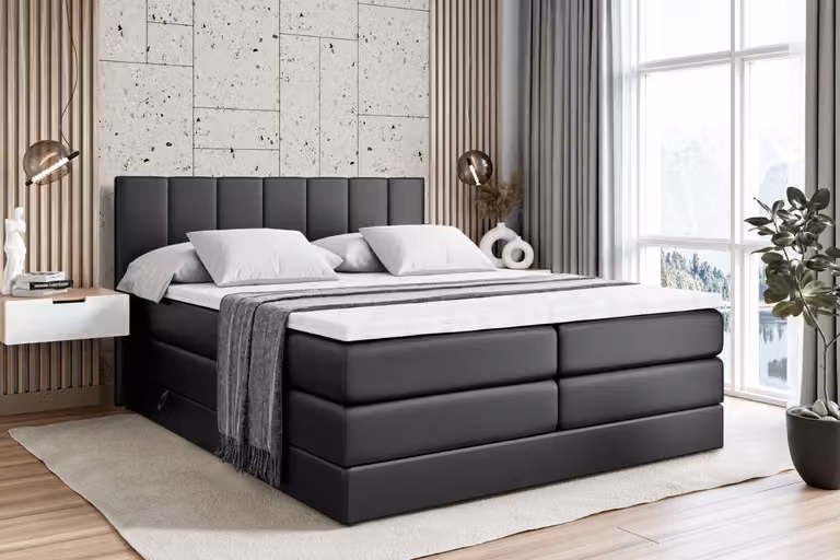 Letto boxspring ALTDECOR con 2 materassi e topper - 180x200 cm - MOETI KING - Pelle finta nera - Letto imbottito con materassi H3 e H4, contenitore e rete a doghe, letto con spazio contenitivo