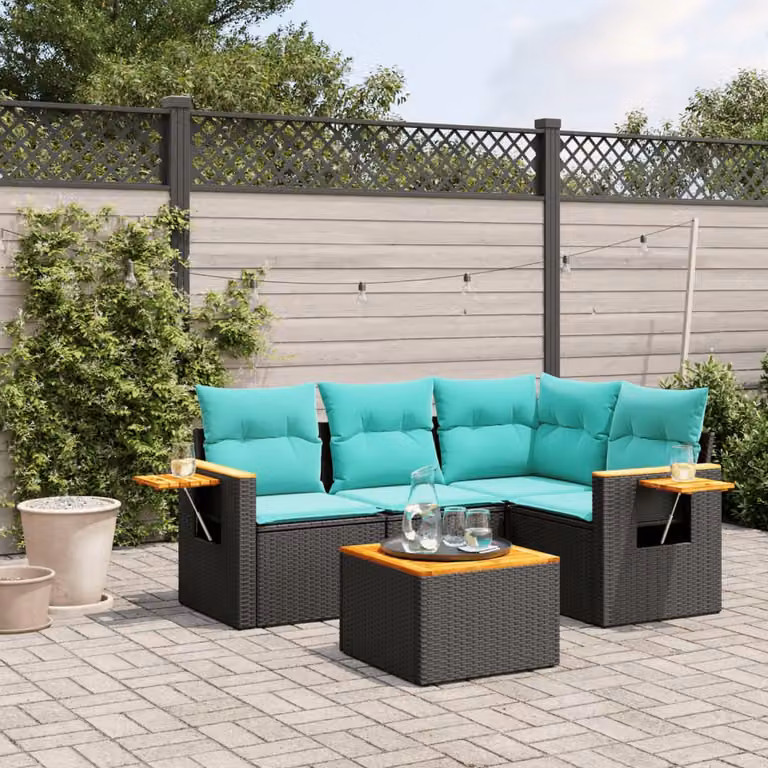 Set di divani da giardino vidaXL a forma di L composto da 5 pezzi in polyrattan con cuscini inclusi, colore nero e blu, ideale per terrazza o giardino