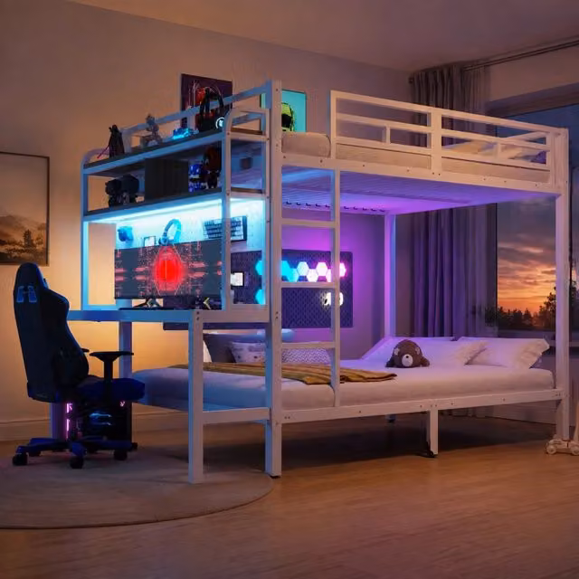 Letto a castello 140x200 cm in metallo e MDF; con scrivania; ripiani; LED e USB; bianco