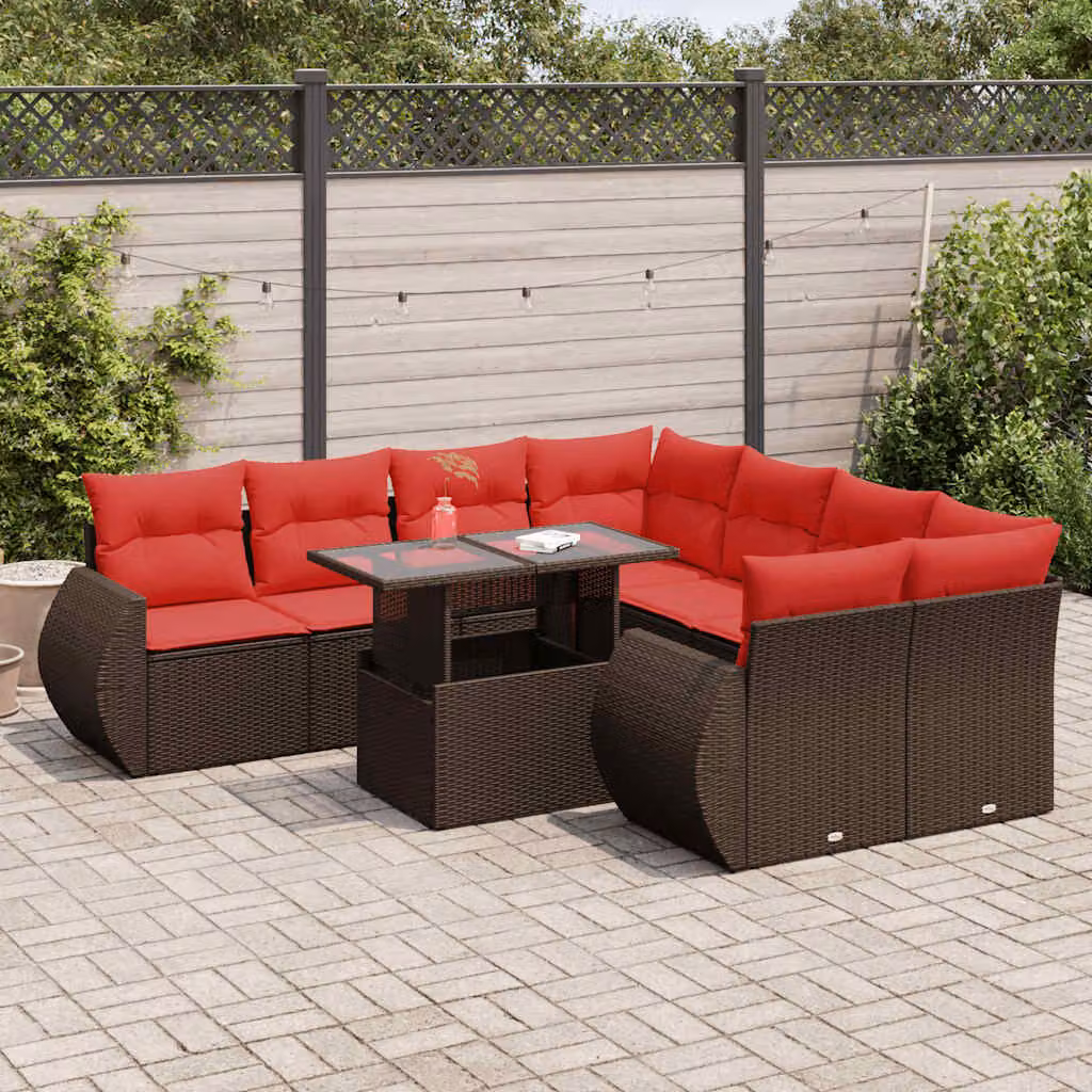 Set di divani da giardino vidaXL 9 pz in polyrattan marrone con cuscini e tavolino da esterno