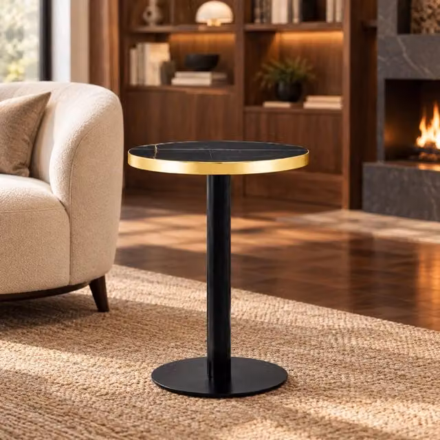 Tavolo rotondo 60 cm effetto marmo nero con base in metallo, altezza 73,7 cm