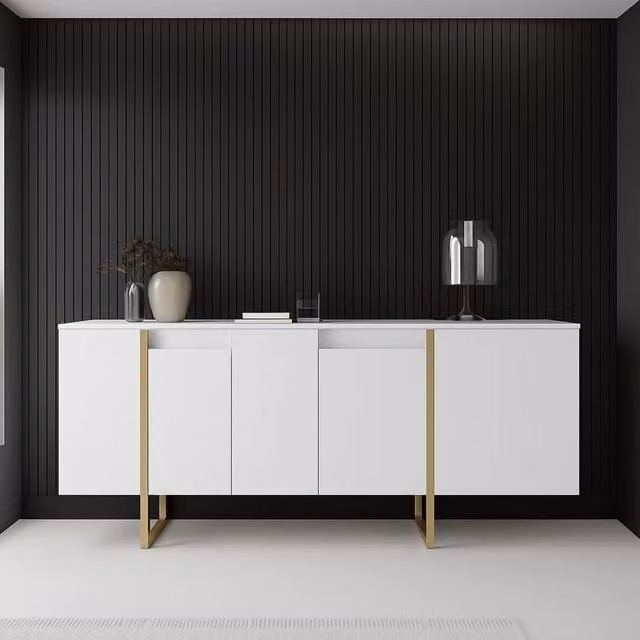 Credenza Arta DMORA per soggiorno e cucina, Bianco e Oro, L: 160 cm, P: 35 cm, H: 80 cm – 1