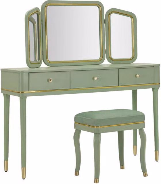 Toeletta Camille con Specchio e Sgabello Verde 120x37x79 cm in Legno di Pino Specchio e Poliestere