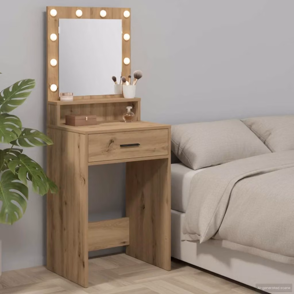 Toeletta con tavolo da trucco moderno in legno rovere color marrone L: 50 cm, P: 41 cm, H: 135 cm – 2