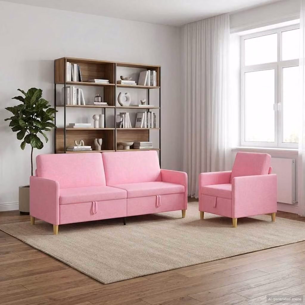 Set di divani moderno vidaXL composto da divano a 3 posti, divano a 2 posti e poltrona in tessuto rosa e marrone con seduta apribile e coperture rimovibili
