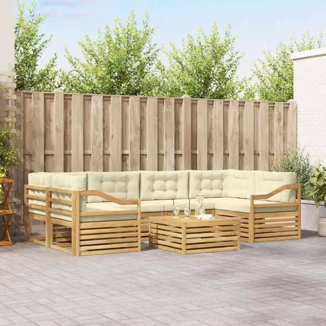 Set di divani da esterno moderno vidaXL composto da 7 pezzi in legno di acacia con colori bianco e beige – 1