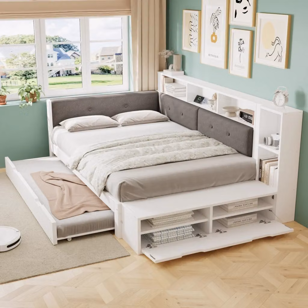 Letto Mivray con letto estraibile e vani laterali, struttura in legno di pino e tessuto, con porta di ricarica USB e mensola, Bianco e Grigio, L/P/H: 120 x 200 cm – 2