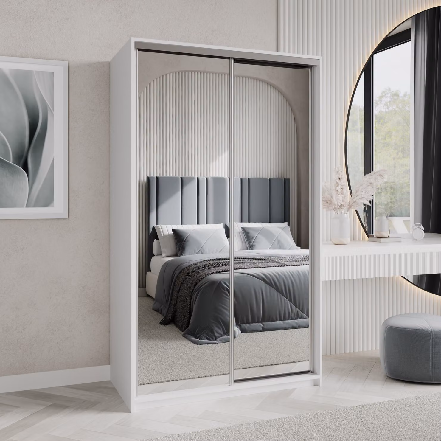 Armadio scorrevole Masseno RIEN 120/205/60 cm Armadio con cassetti Armadio per camera da letto a 2 ante con specchio Bianco + satinato