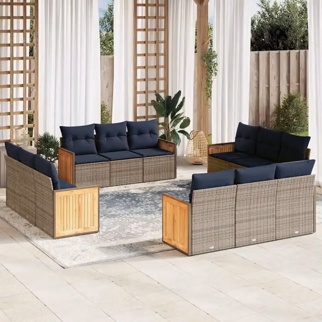 Set di Divani da Giardino a Forma di U vidaXL in Polyrattan con Cuscini Blu e Grigio