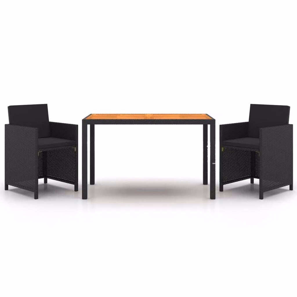 Set da Pranzo da Giardino 3 pz con Cuscini in Polyrattan Nero